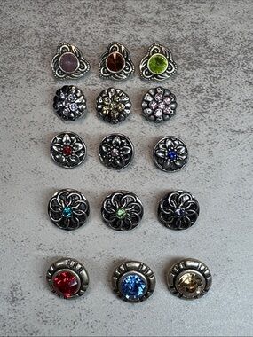 Lot of 15: 12mm Snaps: Assorted Silver-Tone Multi-Color Snap Charms